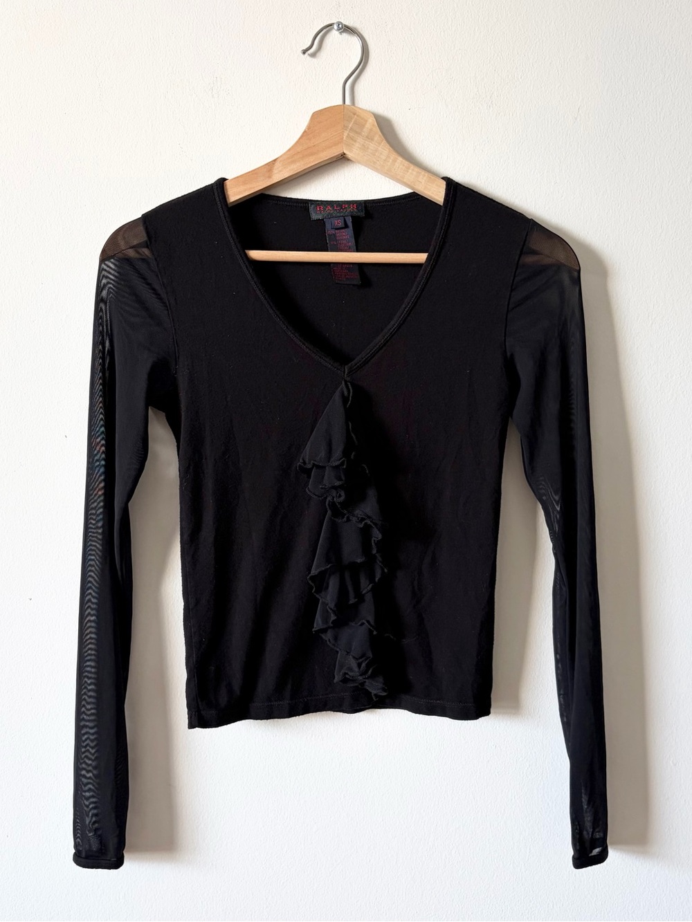 Vintage Ralph Lauren Black mesh long sleeve top with ruffle detail